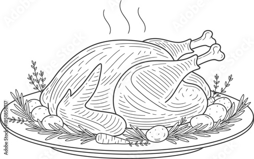 Steaming roasted turkey vector line art with vegetables, rosemary, festive food for Thanksgiving and Christmas concept illustration
