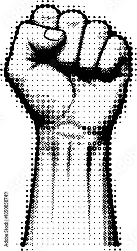 Raised fist icon in halftone dot effect. Power, protest, resistance, and revolution concept. Vector illustration for banner, poster element