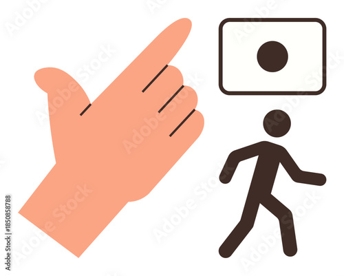 Hand pointing at an individual walking to a framed circular target. Ideal for direction, guidance, decision-making, leadership, motivation, personal growth, focus. Minimal simple flat metaphor