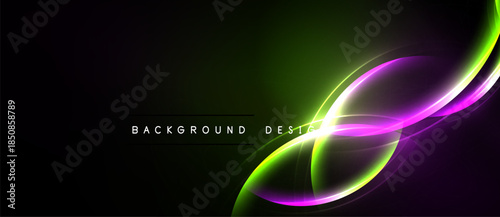 Abstract vibrant lines create flowing shapes. Green, purple, white hues blend into dark background. Modern design element.