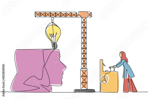Single continuous line drawing Arab woman controls crane inserts lightbulb into big open silhouette of a head. Controlling the mind. Fresh. National Creativity Day. One line design vector illustration