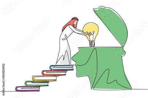 Single one line drawing Arab man walks carry big lightbulb towards silhouette of head with open top. Education sharpens creativity. National Creativity Day. Continuous line design graphic illustration