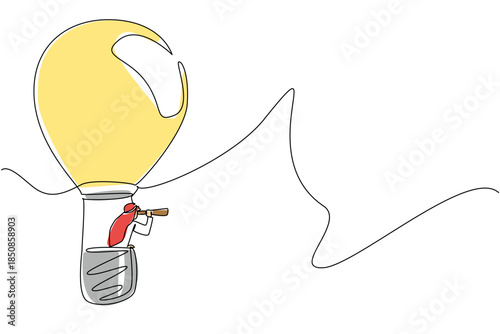 Single one line drawing Arab businessman rides hot air balloon shaped lightbulb, looks through using monocular. New opportunities. National Creativity Day. Continuous line design graphic illustration