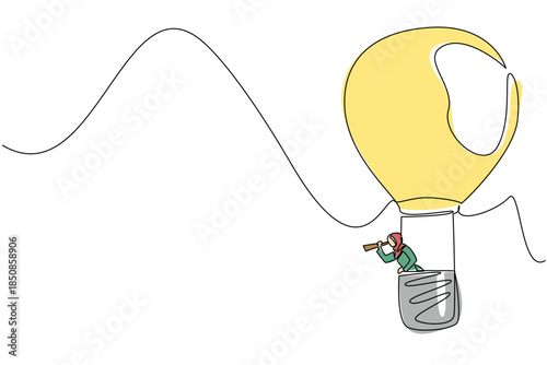 Single continuous line drawing Arab businesswoman rides hot air balloon shaped lightbulb, looks through using monocular. Increase chances. National Creativity Day. One line design vector illustration