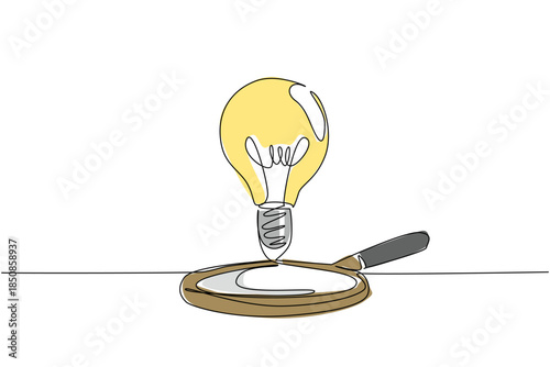 Single continuous line drawing bulb lamp floating above the magnifier glass. The idea is still floating. Looking for the right time. Smart. National Creativity Day. One line design vector illustration