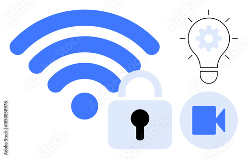 Cybersecurity, online privacy, digital innovation, secure connection, technology, remote communication. wireless signal, padlock lightbulb and video camera icons. Cybersecurity and online privacy