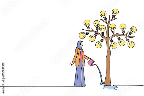 Single continuous line drawing Arab businesswoman waters a big tree bearing light bulbs with watering can. Real action to care for an idea. National Creativity Day. One line design vector illustration