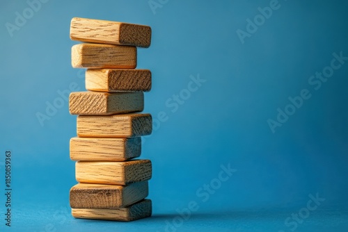 A wooden tower with a blue sky in the background. The tower has a pointed roof and is surrounded by trees and bushes.