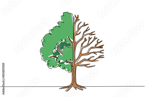 Continuous one line drawing big tree with lush leaves and dry leaves on each side. Seasonal changes. Climate change. Environmental adaptation. Tree Concept. Single line draw design vector illustration