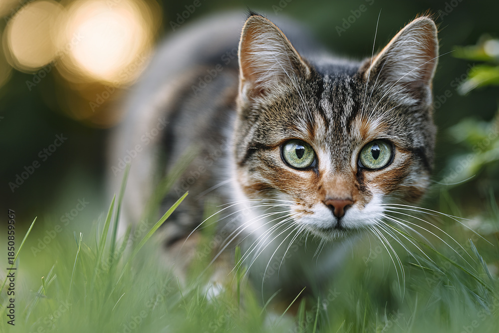Fototapeta premium Confident cat moving through grass in park with focused green eyes and detailed fur in natural outdoor light creating calm and curious atmosphere