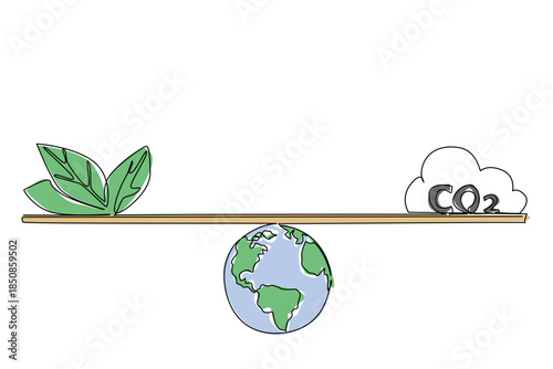 Single continuous line drawing scales with globe as the fulcrum with leafy leaves and clouds labeled CO2. Natural balance for a good earth. Friendly. Tree Concept. One line design vector illustration