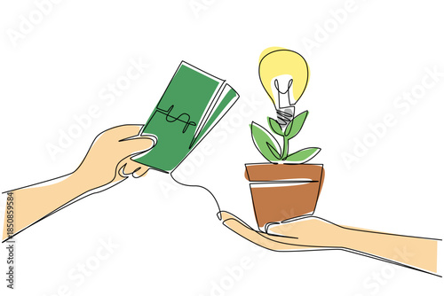 Continuous one line drawing hands holds pots containing plants with lightbulb flowers the others holds banknotes. Buying experience National Creativity Day. Single line draw design vector illustration