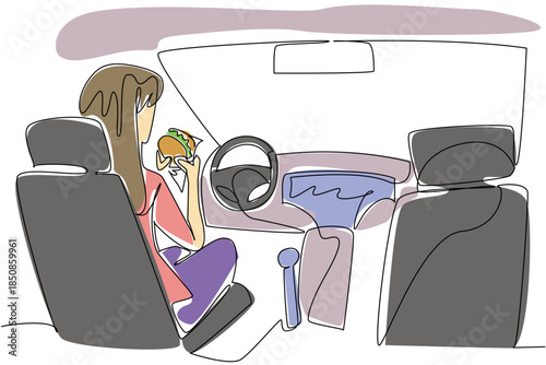 Continuous one line drawing a woman sits in seat of driver of car holds burger with both hands. Technology makes human life easier. Autonomous Vehicle Day. Single line draw design vector illustration