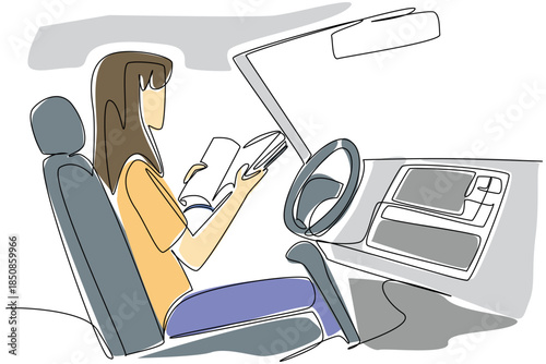 Single one line drawing a woman in the seat of driver of a car reading a book. Comfortable learning in a futuristic vehicle. Tech. Autonomous Vehicle Day. Continuous line design graphic illustration