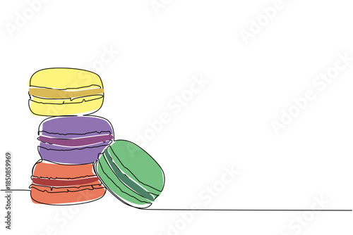 Continuous one line drawing colorful macarons with 3 stacks and 1 leaning macaron. Have slight differences in taste depends on color. National Macaron Day. Single line draw design vector illustration
