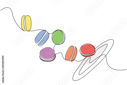 Single one line drawing colorful macarons flying off the plate. Sweet snacks are in high demand. Very creative visualization. Tasty. National Macaron Day. Continuous line design graphic illustration