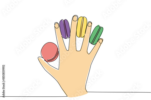 Single continuous line drawing colorful macarons tucked between each finger. Light and very simple food. Various colors and sweets. Tasty. National Macaron Day. One line design vector illustration