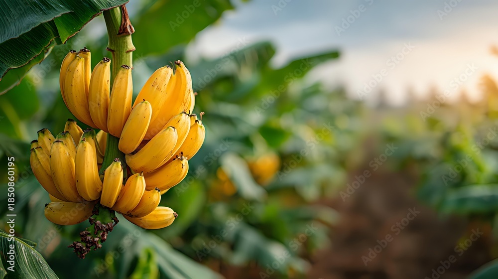 Naklejka premium Ripe yellow bananas hanging on tree branch in tropical plantation during golden hour sunrise with lush green foliage background for healthy eating concepts.