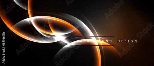 Abstract design features glowing orange, white curves against dark background. Dynamic composition creates modern visual effect.