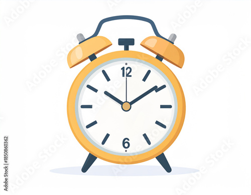 A classic yellow alarm clock with two bells and a white face showing the time.