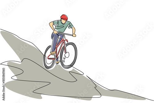 Single one line drawing a man riding a trail bike down a hill with mountains in the background. Exciting adventures on long holidays. National Trails Day. Continuous line design graphic illustration