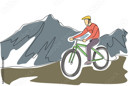 Single one line drawing a man riding a trail bike on a gentle track with a mountain background. Cycling with a refreshing view. Biker. National Trails Day. Continuous line design graphic illustration