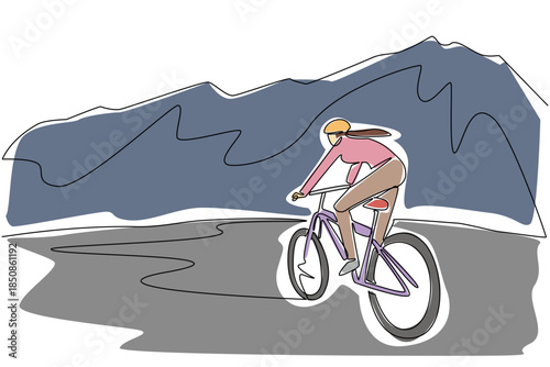 Single continuous line drawing a woman riding a trail bike on a gentle track with a mountain background. Adrenaline rush. Short vacation. National Trails Day. One line design vector illustration