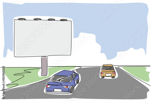 Continuous one line drawing billboards on the side of the highway and several cars. High cost digital marketing. Profitable area. National Billboard Day. Single line draw design vector illustration