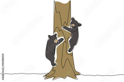 Single continuous line drawing 2 black bear cubs climbing a tree. Play and find a safe place to rest. Looking for food. Habitat. Ecosystem. National Black Bear Day. One line design vector illustration