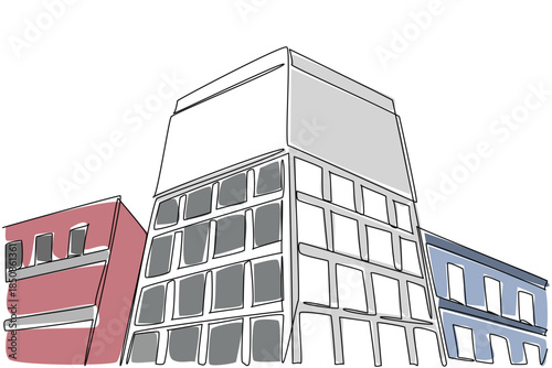 Single continuous line drawing billboards are attached at right angles to the building. Large billboard in the busy city center. Advertise. National Billboard Day. One line design vector illustration