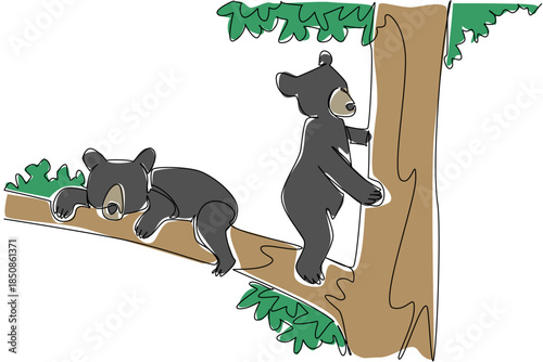 Continuous one line drawing 2 black bear cubs climbs tree with different activities. Looking for food and resting in the treetops. National Black Bear Day. Single line draw design vector illustration