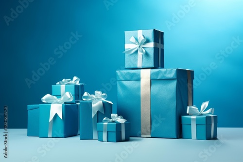 Turquoise gift boxes with light blue ribbons are stacked on a table against a blue background, creating a festive atmosphere
