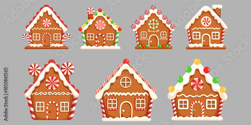 Gingerbread House Set Flat Vector Illustration for Christmas Holiday