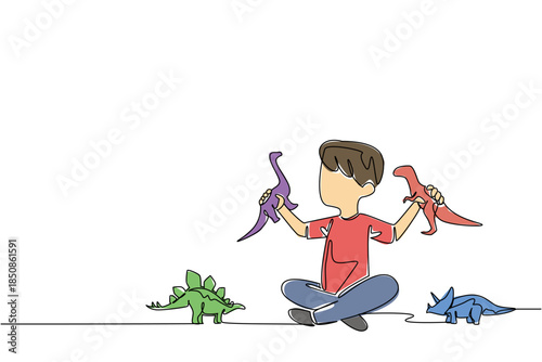 Single one line drawing a boy plays with a dinosaur toy on the floor with each hand holds a toy. Collection of extinct animal toys. Exciting. Dinosaur Day. Continuous line design graphic illustration