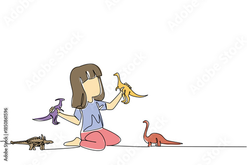 Continuous one line drawing a girl plays with dinosaur toy on the floor with each hand holds a toy. Little girl interested in boy style toys. Dinosaur Day. Single line draw design vector illustration