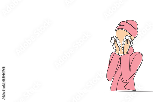 Single line drawing highlights National Skincare Education Day, showing a woman cleansing her face as a symbol of beauty and selfcare. The design captures health concept with minimal aesthetic clarity