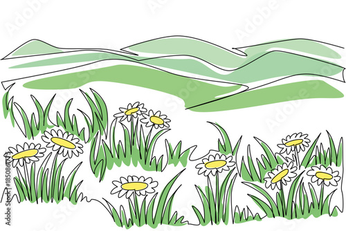 Single one line drawing prairie with several small hills in the background. The green grass fields are soothing to the eyes. Panoramic National Prairie Day. Continuous line design graphic illustration
