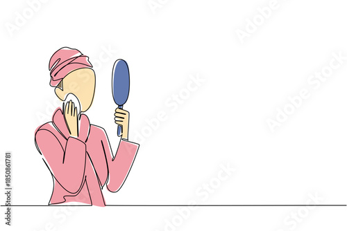 Single one line drawing a woman wears a towel robe doing facial treatment. Looking in the mirror wearing powder. Grooming. National Skincare Education Day. Continuous line design graphic illustration