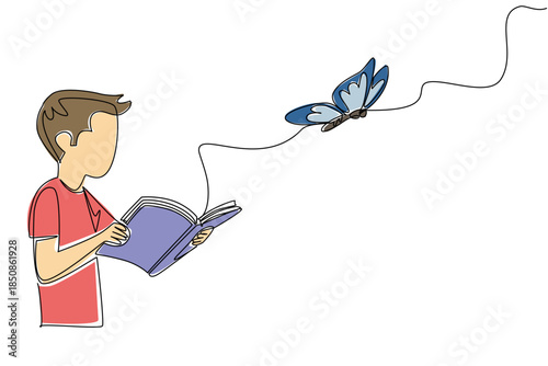Single one line drawing a boy opens a thick book which releases a large butterfly. Read the legendary stories. Myth. Butterfly Education and Awareness Day. Continuous line design graphic illustration