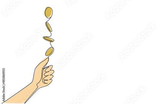 Continuous one line drawing coin flip from hand with coin flip step effect. Draw the fortunes like a referee draws for a penalty kick. Flip a Coin Day. Single line draw design vector illustration