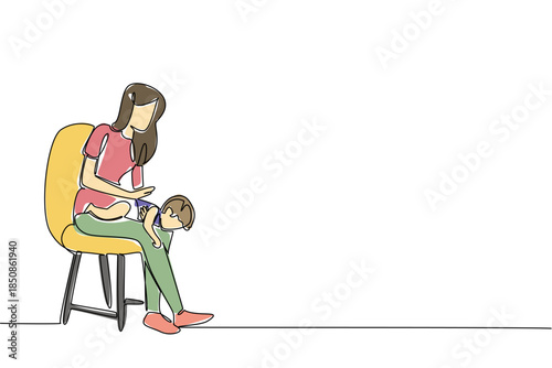 Single continuous line drawing a mother sitting on a chair puts her baby on her lap and pats her back. Choking on food. Accident. National Heimlich Maneuver Day. One line design vector illustration