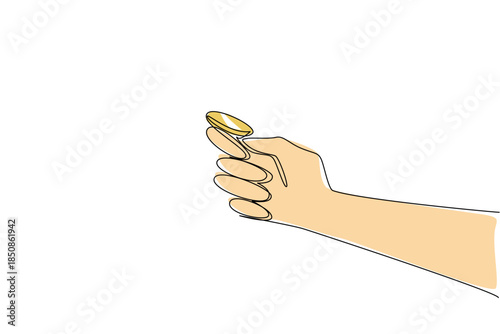 Single one line drawing coin placed on the thumb and index finger, ready to flip a coin. Draw the first game start. The wise way. Luck. Flip a Coin Day. Continuous line design graphic illustration