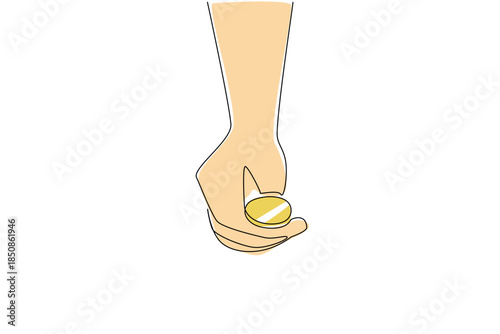 Continuous one line drawing front view, coin placed on top of thumb and index finger. Lucky draw. Determining the first player. Big chance. Flip a Coin Day. Single line draw design vector illustration
