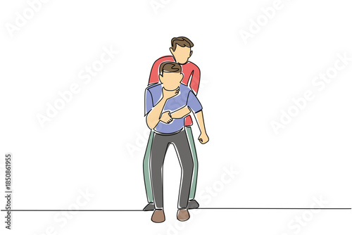 Single one line drawing front view, a man performs the Heimlich maneuver on another man holding his neck. Appropriate action National Heimlich Maneuver Day. Continuous line design graphic illustration