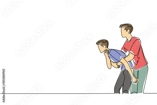 Single continuous line drawing a man performs the Heimlich maneuver on another man holding his neck. Opening a choked airway. Aid. National Heimlich Maneuver Day. One line design vector illustration