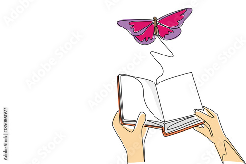 Single one line drawing two hands holding thick old book open and taking out a large butterfly. Cultivation methods. Butterfly Education and Awareness Day. Continuous line design graphic illustration