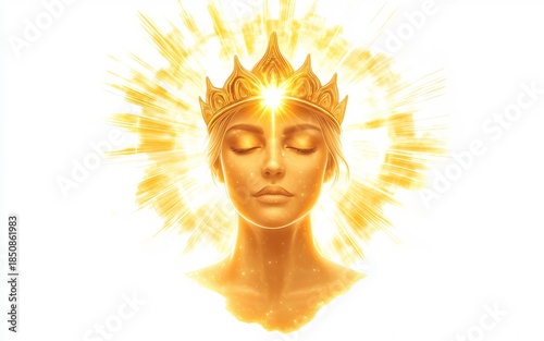 Sun Goddess Icon with Solar Crown and Light Aura Isolated on White Background.