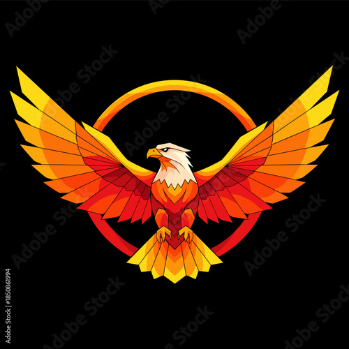 Majestic geometric eagle mascot with spread wings. Low poly vector illustration for esports, gaming, or corporate logo.