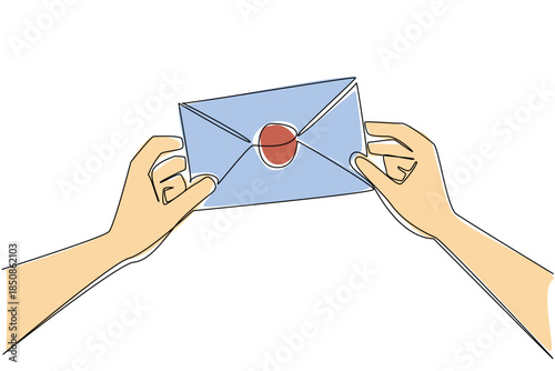 Single continuous line drawing a pair of hands holding a letter. Writing letters maintains friendship. Technology before the internet. Best friend. Pen Pal Day. One line design vector illustration