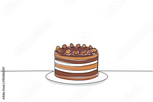 Single one line drawing hazelnut cake with several layers of variants and hazelnut topping. A sweet treat to celebrate. Bakery. National Hazelnut Cake Day. Continuous line design graphic illustration